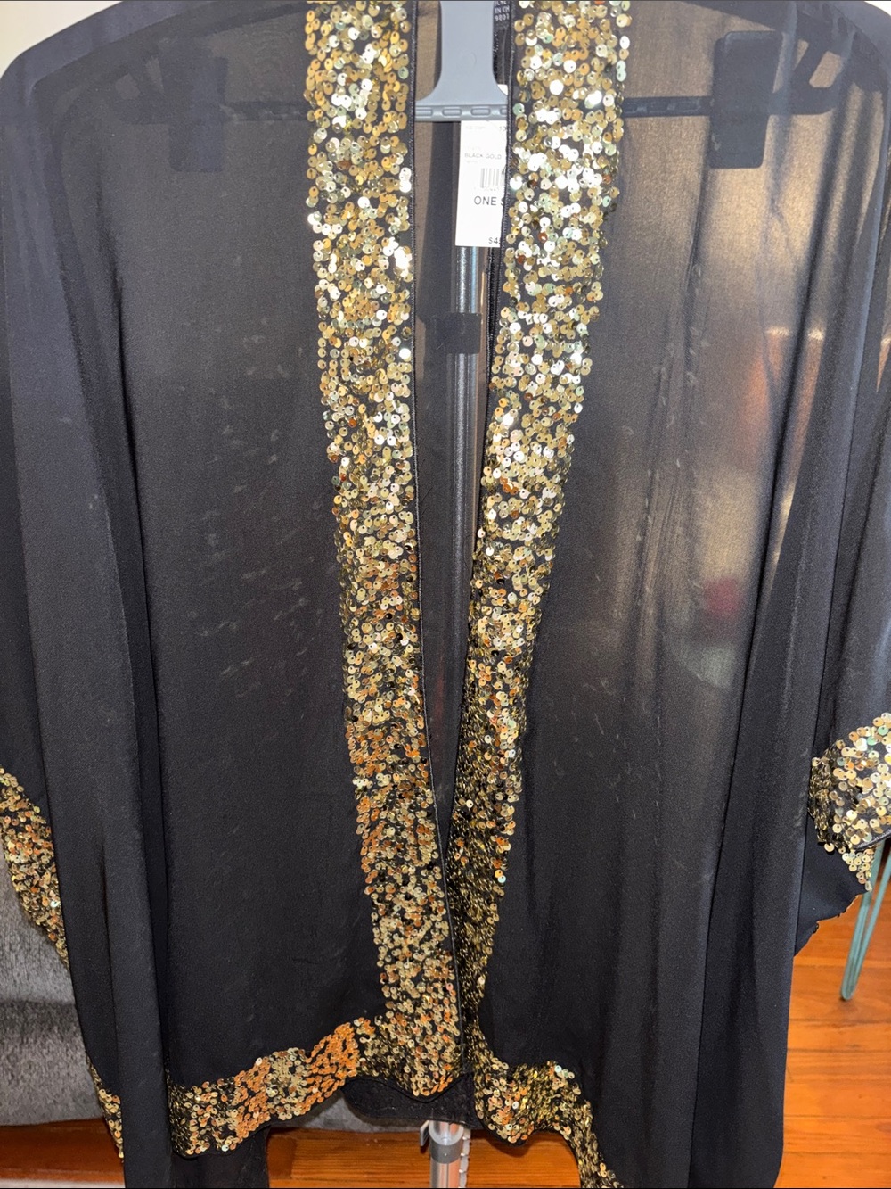 NWT Black Sequin Trim Sheer Kimono